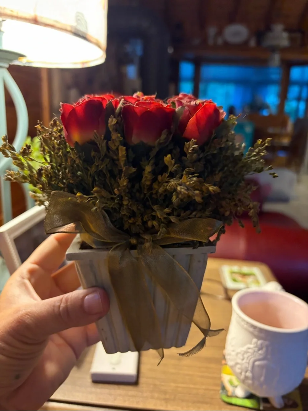 Red Rose Artificial Floral Arrangement in Gray Planter - Unbranded